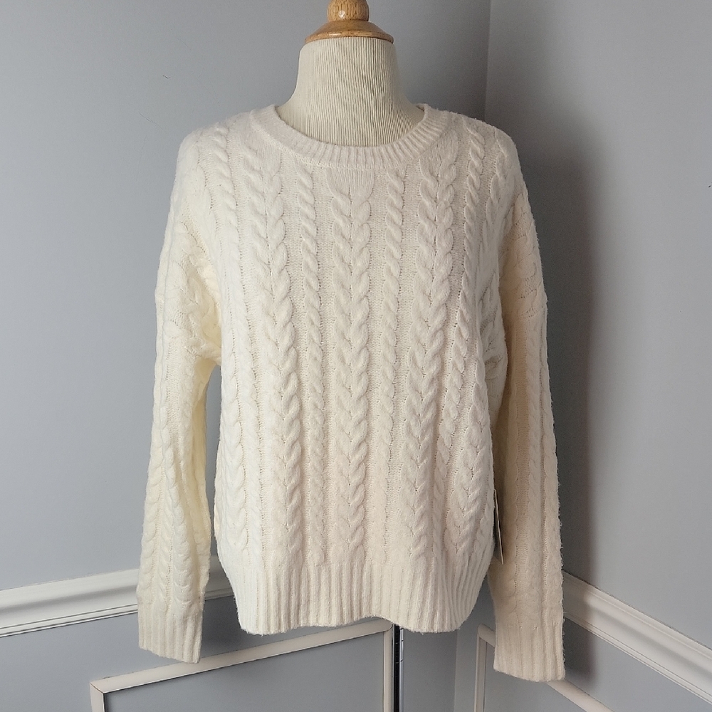 JOIE Cream Cable Knit Fisherman Preppy Cozy‎ Soft Boho Crewneck Sweater L NEW